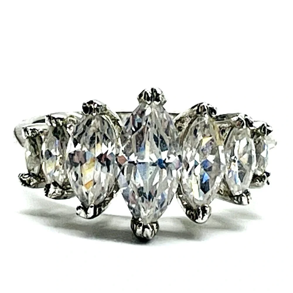 Clear Rhinestone Statement Ring Silver Tone Marquise Cut Cocktail Dinner Bridal